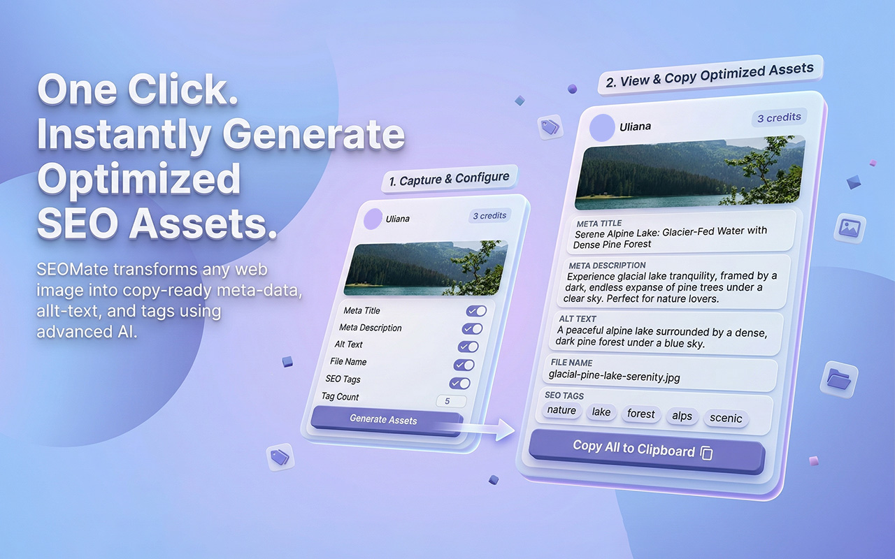 SEOMate extension screenshot showing SEO asset generation